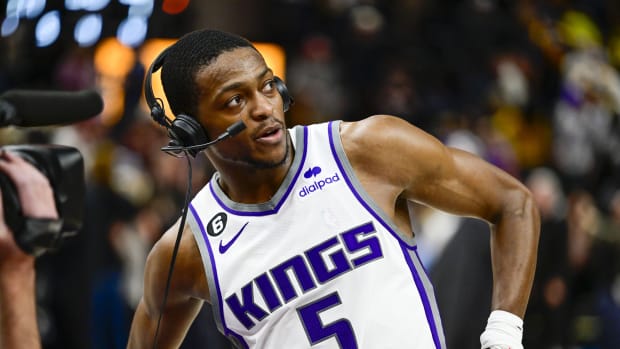 Sacramento Kings guard De'Aaron Fox (5) is interviewed following the win over the Utah Jazz at Vivint Arena.